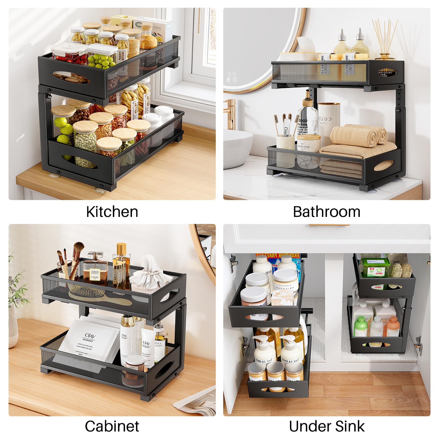 PXRACK Under Sink Organizer 2 Pack Under Sink Organizers and Storage, 2 Tier Pull Out Cabinet Organizer Slide Out Shelf, Kitchen Drawer Organizer Under Bathroom Sink Organizer