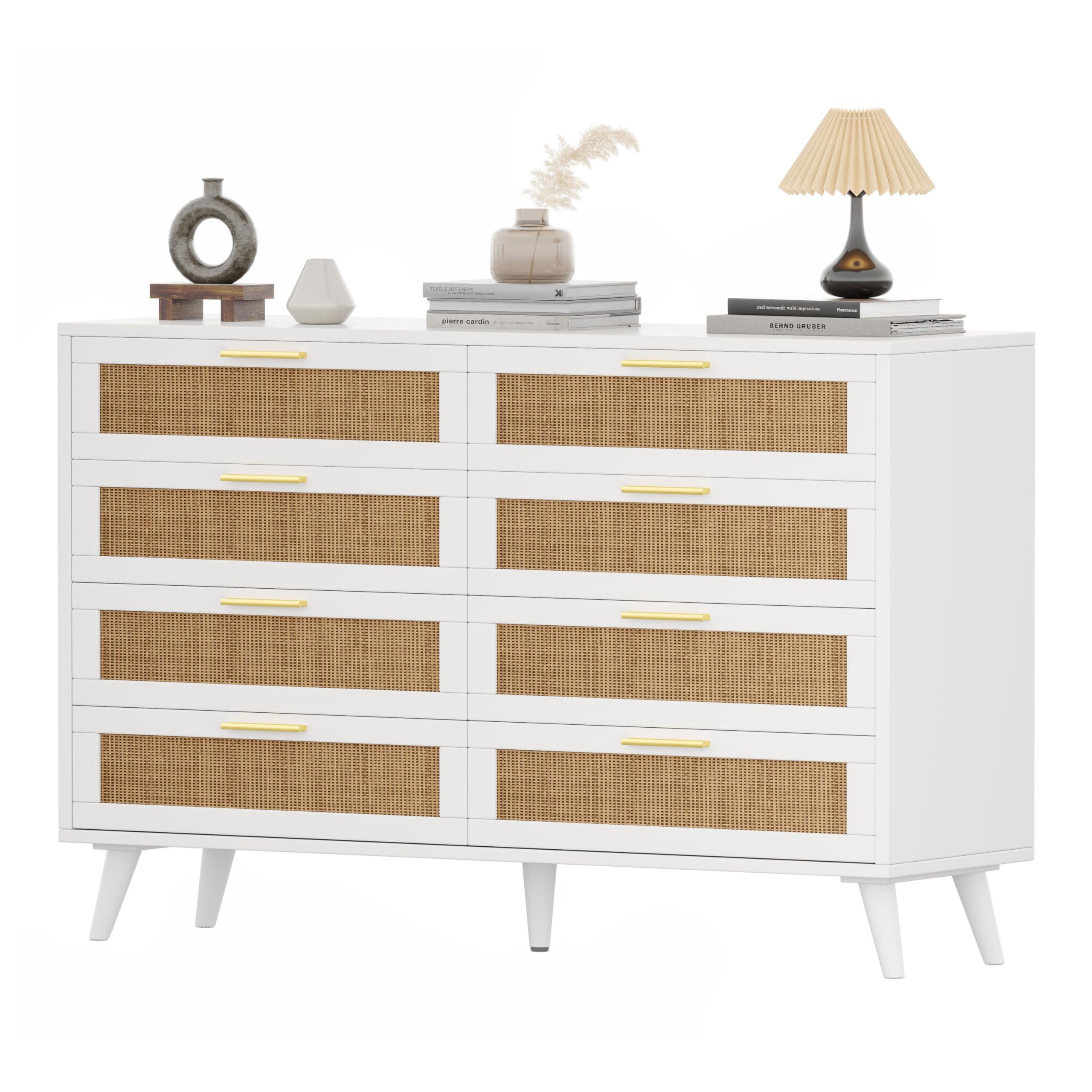 Rovaurx 8 Drawer Double Dresser for Bedroom, Rattan Chest of Dressers, Modern Wooden Dresser Chest with Golden Handles, Beside Table for Closet, Living Room and Entryway, White and Natural