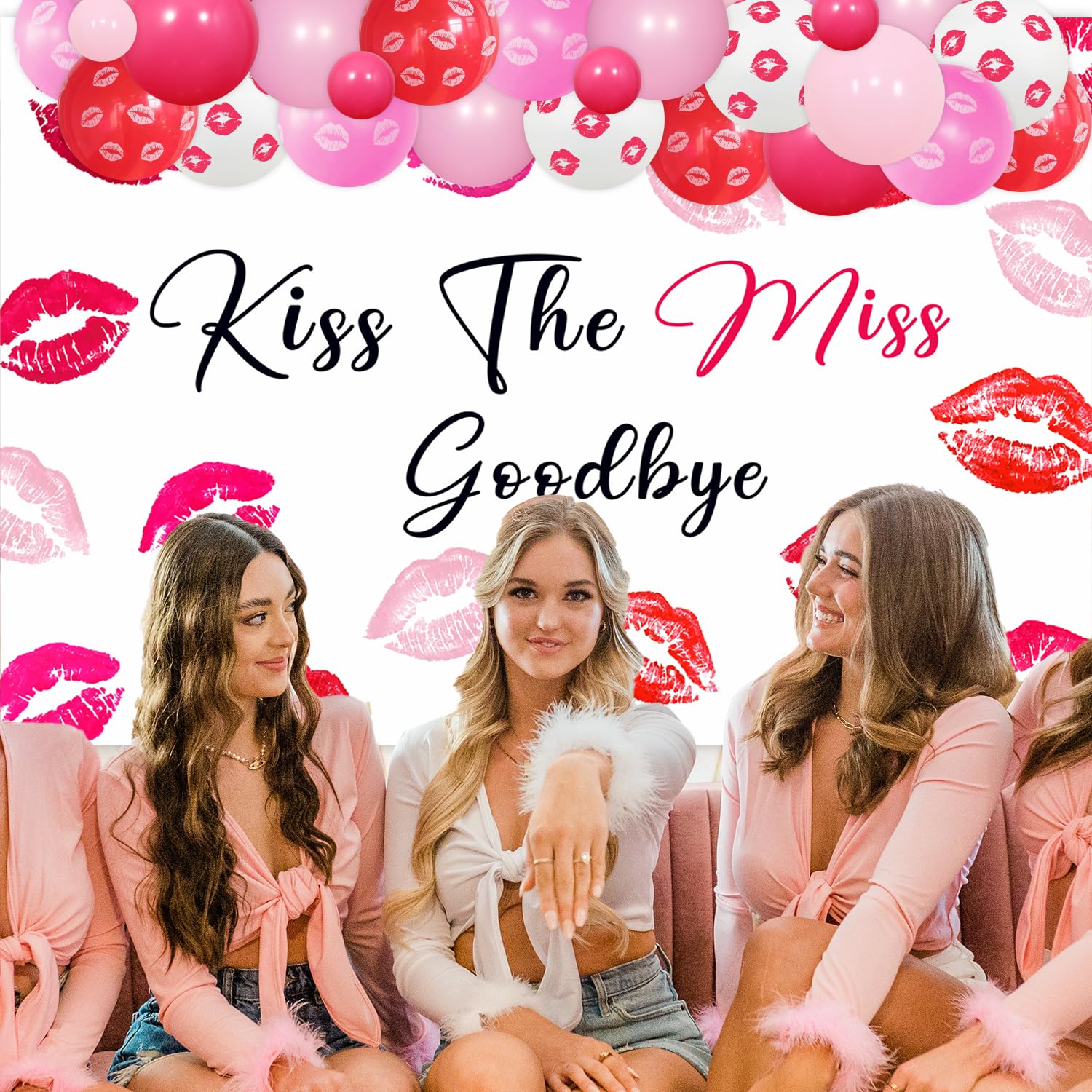 81Pcs Kiss the Miss Goodbye Bachelorette Decorations, Hot Pink Balloon Garland Arch Kit with Kiss the Miss Goodbye Backdrop Red Lips Balloons for Hen Party Bridal Shower Party Suppiles