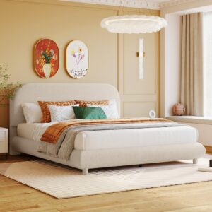 Teddy Fleece Queen Size Upholstered Platform Bed with Thick Fabric, Solid Frame and Stylish Curve-Shaped Design,for Kids Teens Adults Bedroom (Beige@Teddy Fleece, Queen)