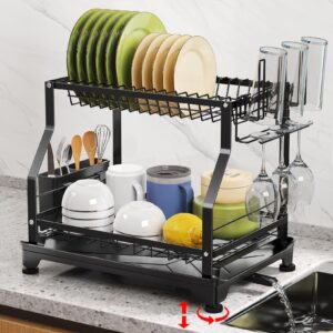 junyuan dish rack for kitchen counter,2 tier dish drying rack with 360° swivel spout,large dish drainer with utensil holder,adjustable wine glasses and cup holder,strong and sturdy,black