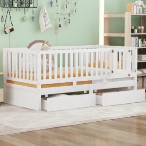 twin bed frame with rails and storage drawers, can be divided into a twin size floor bed with fence and a daybed with 2 drawers, wood montessori beds for kids boys girls teens, white