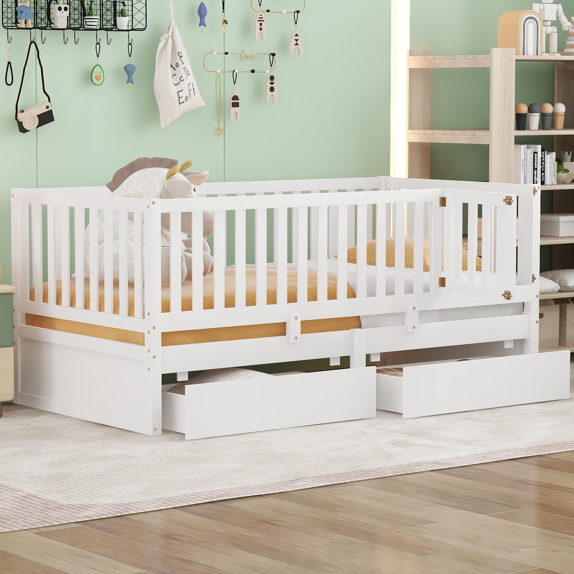 Twin Bed Frame with Rails and Storage Drawers, Can Be Divided into A Twin Size Floor Bed with Fence and A Daybed with 2 Drawers, Wood Montessori Beds for Kids Boys Girls Teens, White