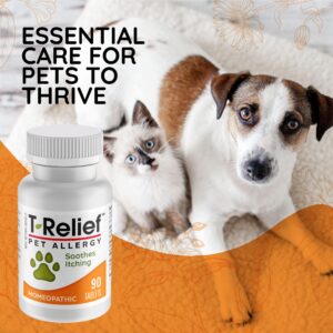 T-Relief Pet Allergy Support for Dogs & Cats Itchy Relief Supports Healthy Skin & Coat Natural Medicine Helps Soothe Hot Spot Itching Paws Licking Runny Nose Sneezing Watery Eyes - 90 Tablets