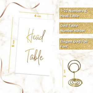 KCLIFE Gold Wedding Table Number Cards, 4x6, Elegant Gold Foil Font 1-20 Plus Head Table, with Gold Table Number Holders, Luxury Event Table Numbers for Events, Parties, Conferences, Banquets, small