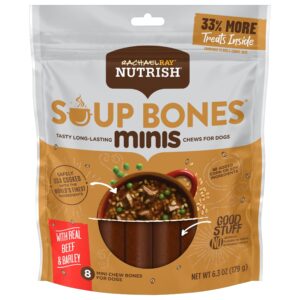 nutrish rachael ray soup bones minis dog chews with real beef & barley, 8 chews, 6.3 oz pouch (pack of 7)