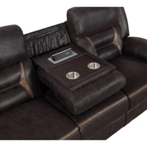 Benjara 87 Inch Sofa, Manual Motion Recliner, 2 AC and 2 USB, Brown Faux Leather