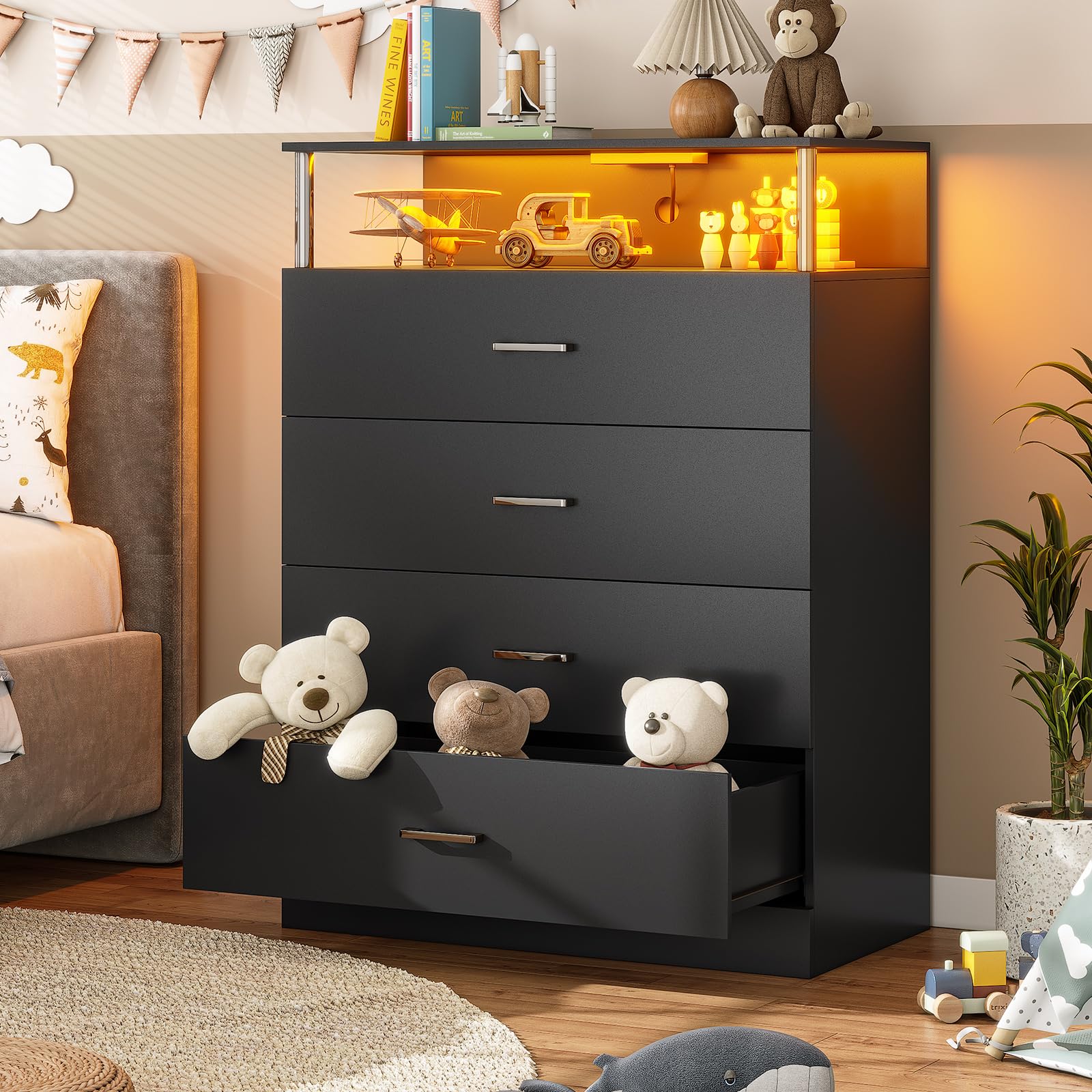 AOGLLATI Dresser for Bedroom with Column Design, 4 Drawer Dresser with Charging Station, Modern Bedroom Led Tall Black Dresser for Bedroom Closet