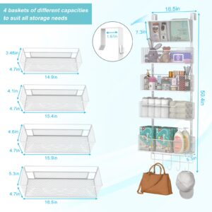 Hongtamoya Adjustable Over The Door Organizer, Hanging Door Storage with PVC Pocket and 4 Metal Baskets Wall Mount, Behind Door Rack for Bathroom Pantry Cabinet Bedroom Closet, White