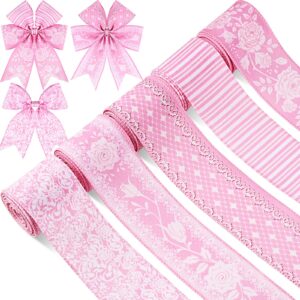 5 rolls 30 yards floral wired edge ribbon 2.5'' pink rose flowers printed decorative ribbon for gift wrapping hair bow wreath making for wedding valentine's day crafts supplies