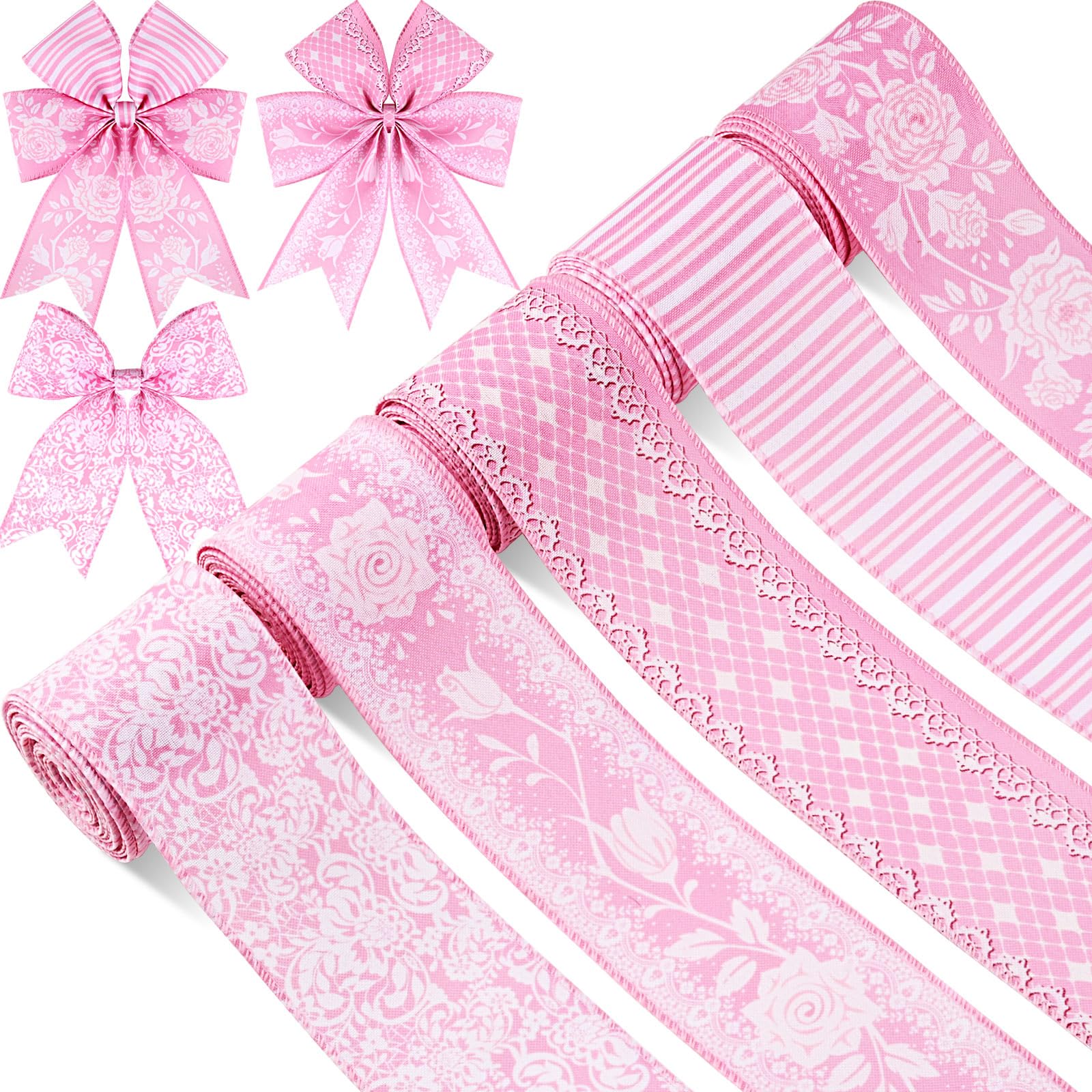 5 Rolls 30 Yards Floral Wired Edge Ribbon 2.5'' Pink Rose Flowers Printed Decorative Ribbon for Gift Wrapping Hair Bow Wreath Making for Wedding Valentine's Day Crafts Supplies