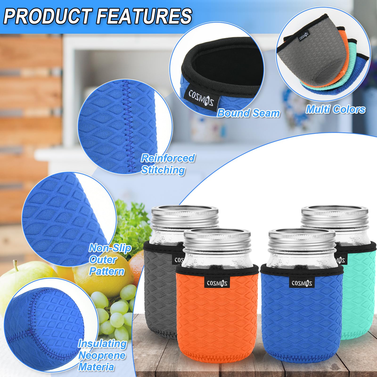 Cosmos 4 Pcs Neoprene Mason Jar Sleeve Cover for Regular Mouth Jar, Insulated Glass Jars Cover Canning Sleeves Glass Container Protector Holder for Home Kitchen Storage (For 16 OZ Jar)