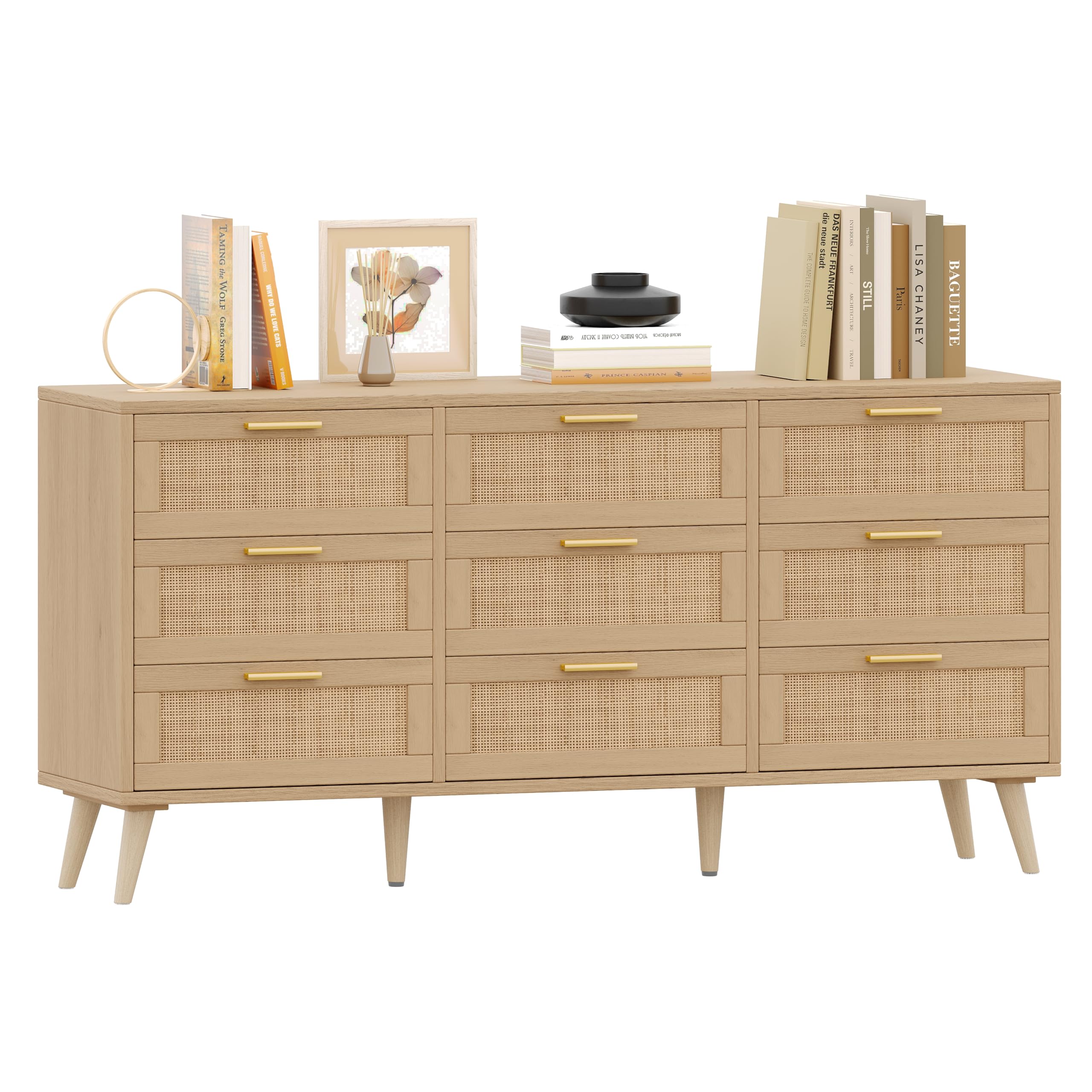 Rovaurx 9 Drawer Double Dresser for Bedroom, Rattan Chest of Dressers, Modern Wooden Dresser Chest with Golden Handles, Beside Table for Closet, Living Room and Entryway, Natural