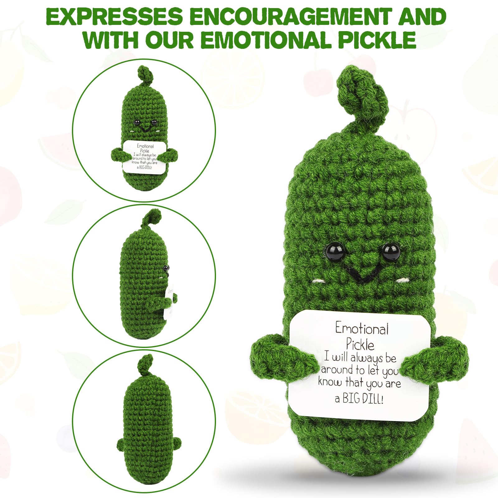 Hoedia Handmade Emotional Pickle Gift, Cucumber Crochet Doll Inspirational Gifts with Cards, Cute Knitted Funny Support Pickle Potato Friend Birthday Christmas Stocking Stuffers (Emotional Pickle)