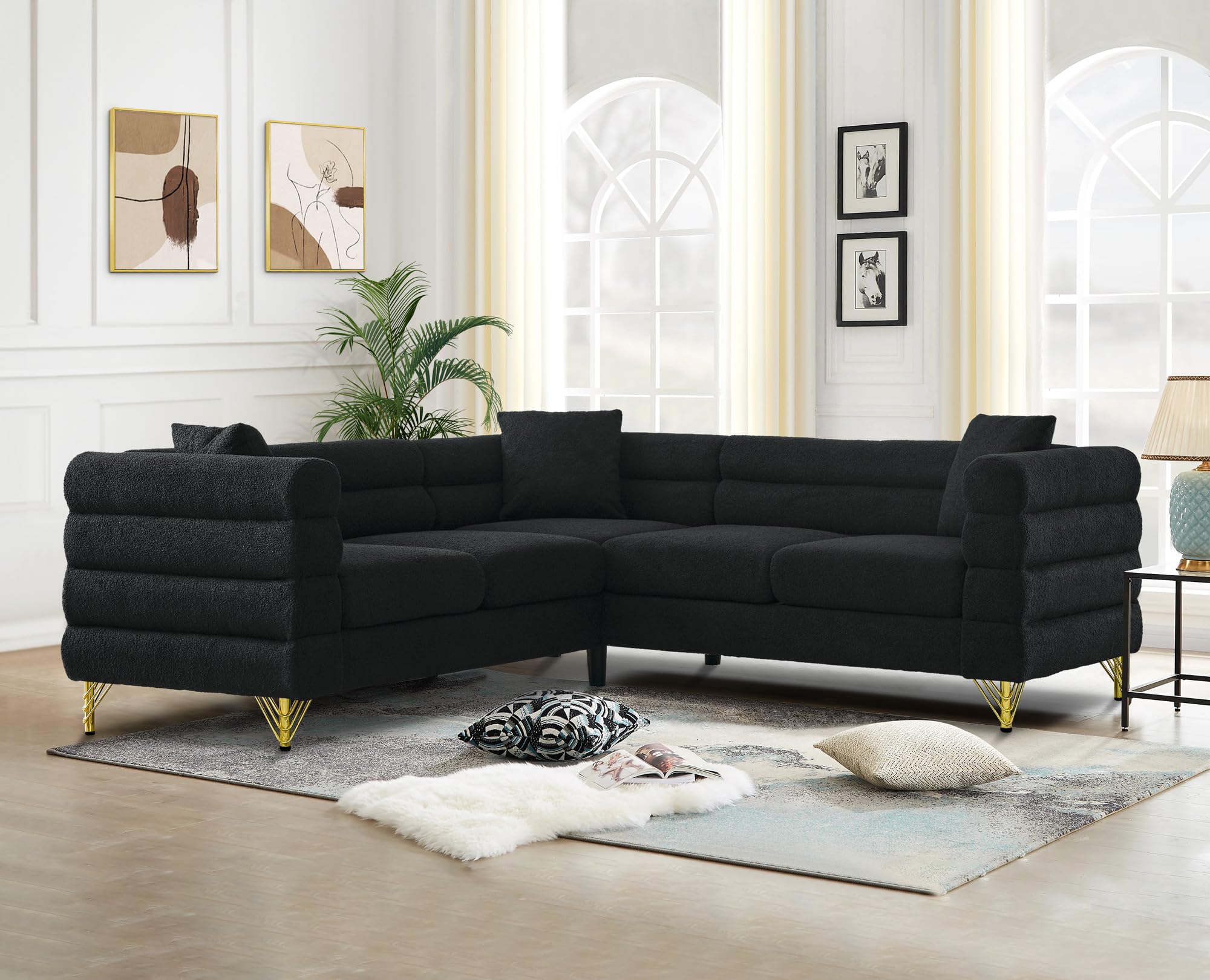 Comfy Boucle L Shaped Sofa, 81.5" Oversized Sectional Couch with Deep Seated Design, Upholstered Corner Sofa Couch with 3 Pillows, Modern Couches for Living Room, Apartment, Waiting Room, Black Teddy