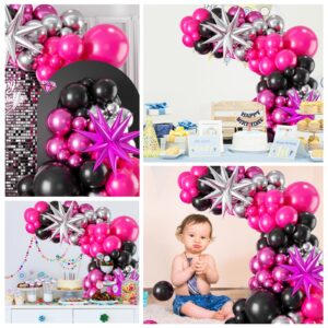 Black Pink Balloons Garland Arch Kit, Hot Pink Black Silver Balloons Arch With Star Balloons For Girls Birthday Engagement Anniversary Wedding Bridal Decoration