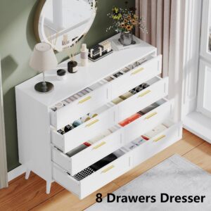 Rovaurx 8 Drawer Double Dresser for Bedroom, Chest of Dressers, Modern Wooden Dresser Chest with Golden Handles, Beside Table for Closet, Living Room and Entryway, White RDG003W