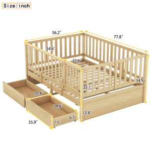 RUNNA Multifunction Full Size Wood Daybed with Fence Guardrails and 2 Drawers, Split into Independent Floor Bed & Daybed for Kids Girls Boys (Natural#8)