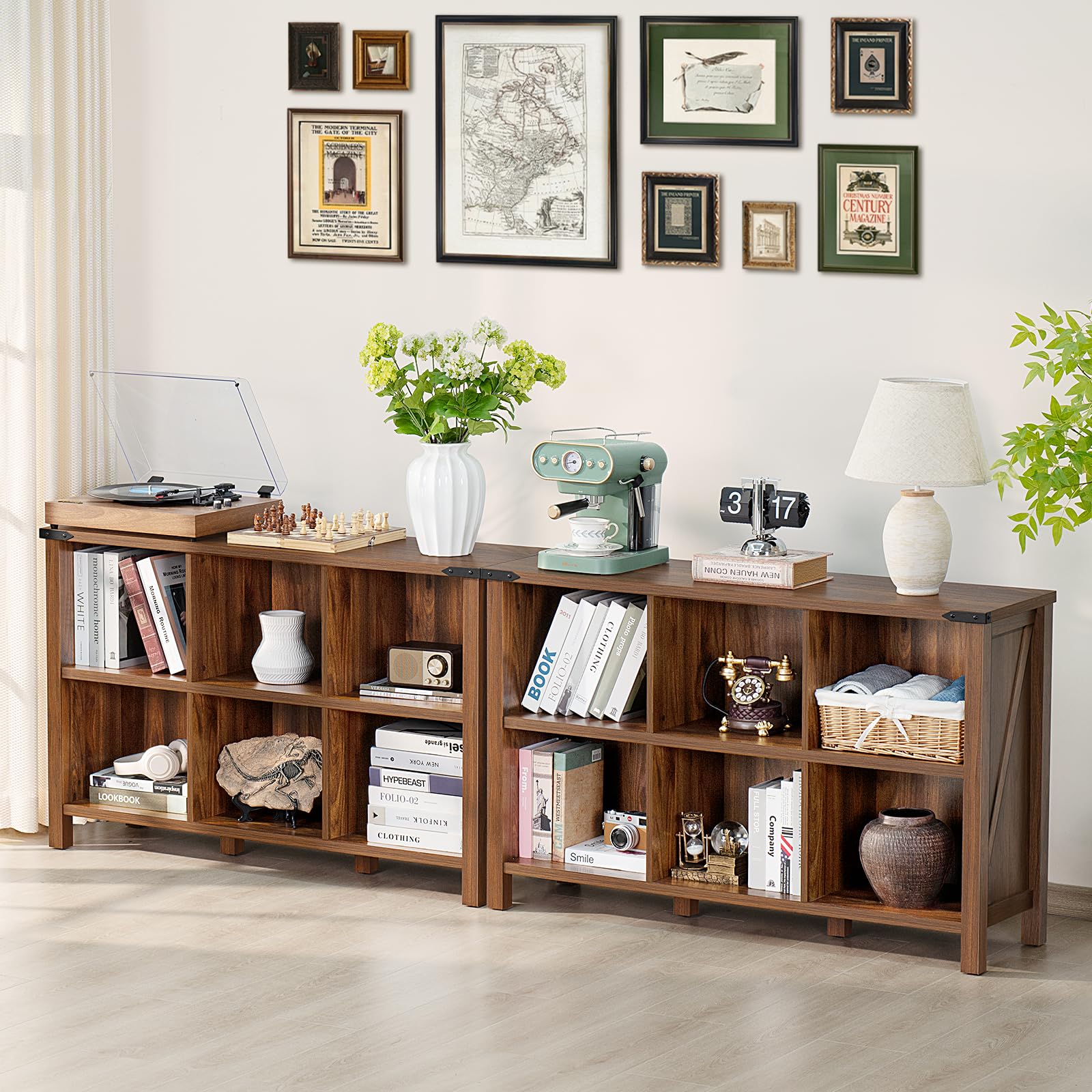 Joaxswe Farmhouse 6 Cube Book Shelf, Wood 3 Tier Storage Organizer Bookshelf, Brown Walnut 47" Horizontal Cubby Bookcase with Legs, Rustic Entryway Book Case, Long Display Cabinet for Bedroom, Office