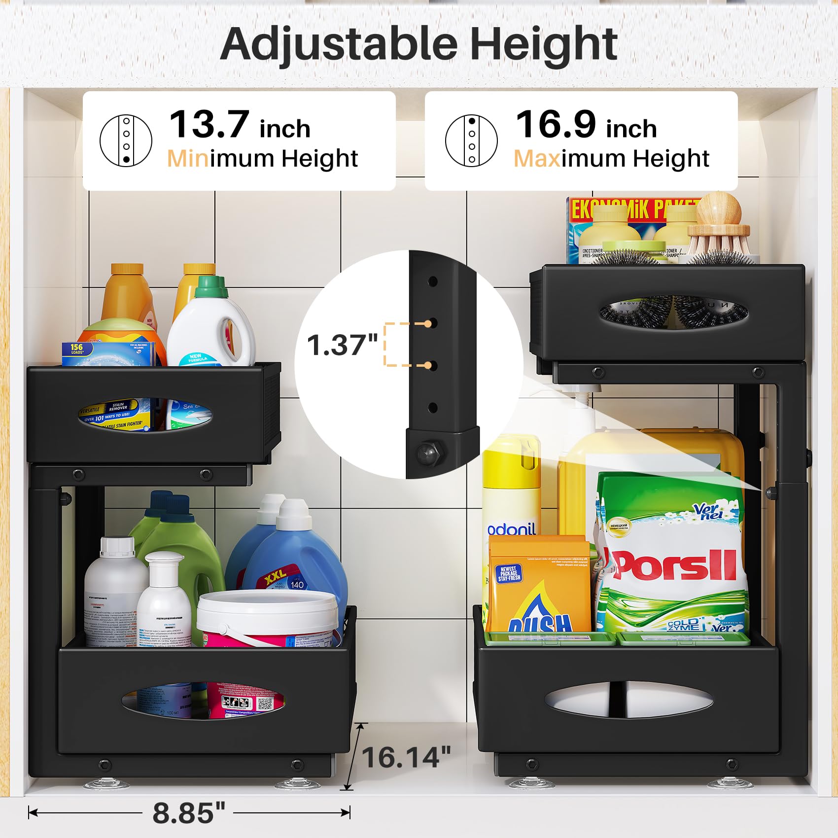 PXRACK Under Sink Organizer 2 Pack Under Sink Organizers and Storage, 2 Tier Pull Out Cabinet Organizer Slide Out Shelf, Kitchen Drawer Organizer Under Bathroom Sink Organizer