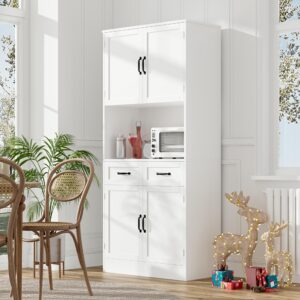 HOSTACK 71“ Tall Kitchen Pantry Storage Cabinet, Modern Kitchen Hutch Bar Cabinet with Microwave Stand, Wood Buffet Sideboard with Hutch, Cupboard with Drawers, Shelves for Dining Room, White