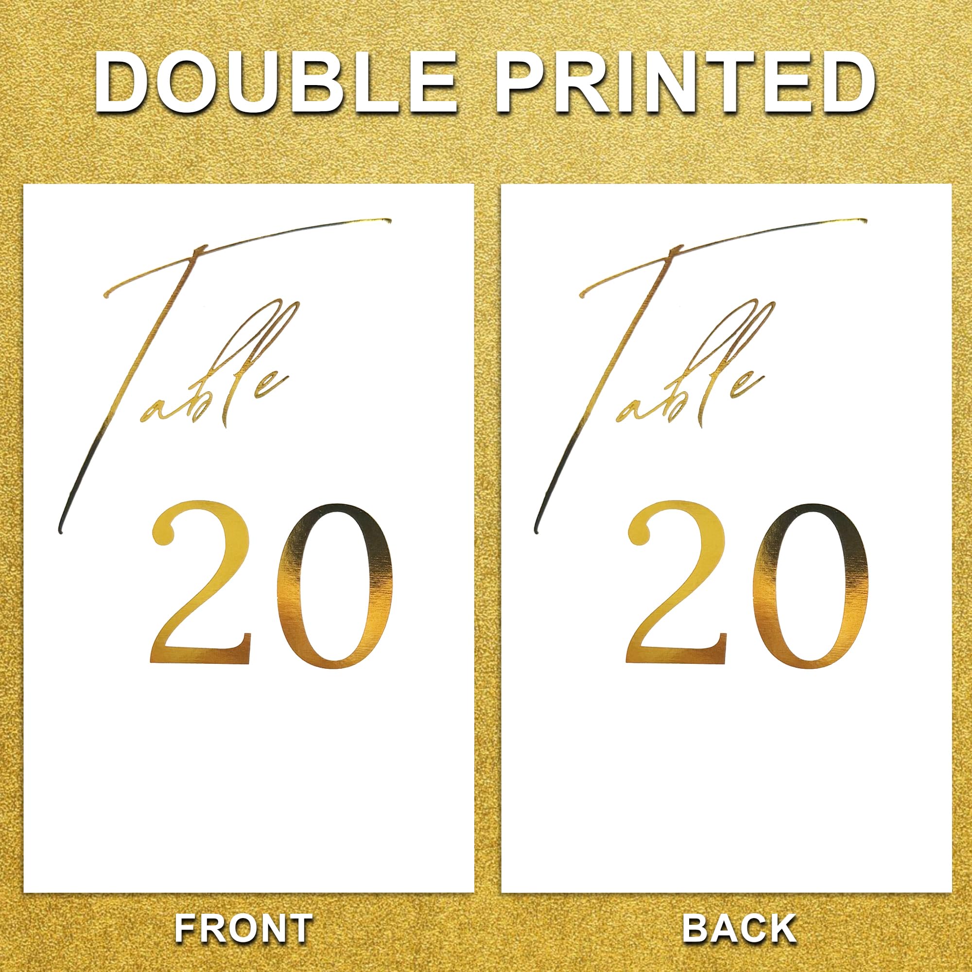 KCLIFE Gold Wedding Table Number Cards, 4x6, Elegant Gold Foil Font 1-20 Plus Head Table, with Gold Table Number Holders, Luxury Event Table Numbers for Events, Parties, Conferences, Banquets, small