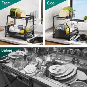 junyuan Dish Rack for Kitchen Counter,2 Tier Dish Drying Rack with 360° Swivel Spout,Large Dish Drainer with Utensil Holder,Adjustable Wine Glasses and Cup Holder,Strong and Sturdy,Black