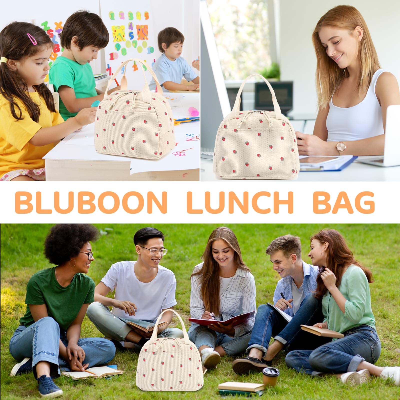 Bluboon Lunch Bag for Women Men Cute Corduroy Lunch Tote Bags Reusable Insulated Lunch Box Large Capacity Reusable Insulated Cooler for Work Picnic or Travel (Corduroy strawberry)