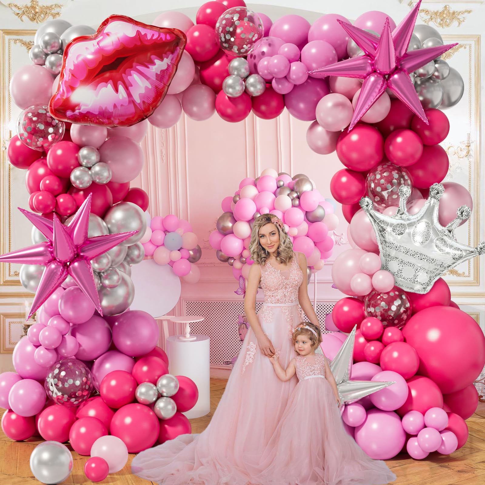 173PCS Princess Pink and Silver Balloon Garland Arch Kit with Explosion Star Silver Crown Balloon for Barbie Theme Birthday Party Decorations Baby Shower girl's Birthday Princess Party Decorations