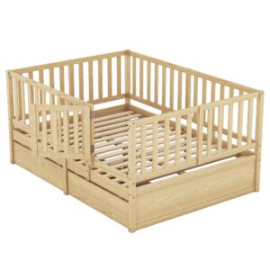 RUNNA Multifunction Full Size Wood Daybed with Fence Guardrails and 2 Drawers, Split into Independent Floor Bed & Daybed for Kids Girls Boys (Natural#8)