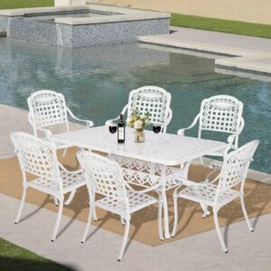 VIVIJASON 7-Piece Patio Furniture Dining Set, All-Weather Cast Aluminum Outdoor Conversation Set, Include 6 Chairs and a Rectangle Table with Umbrella Hole for Balcony Lawn Garden Backyard, White