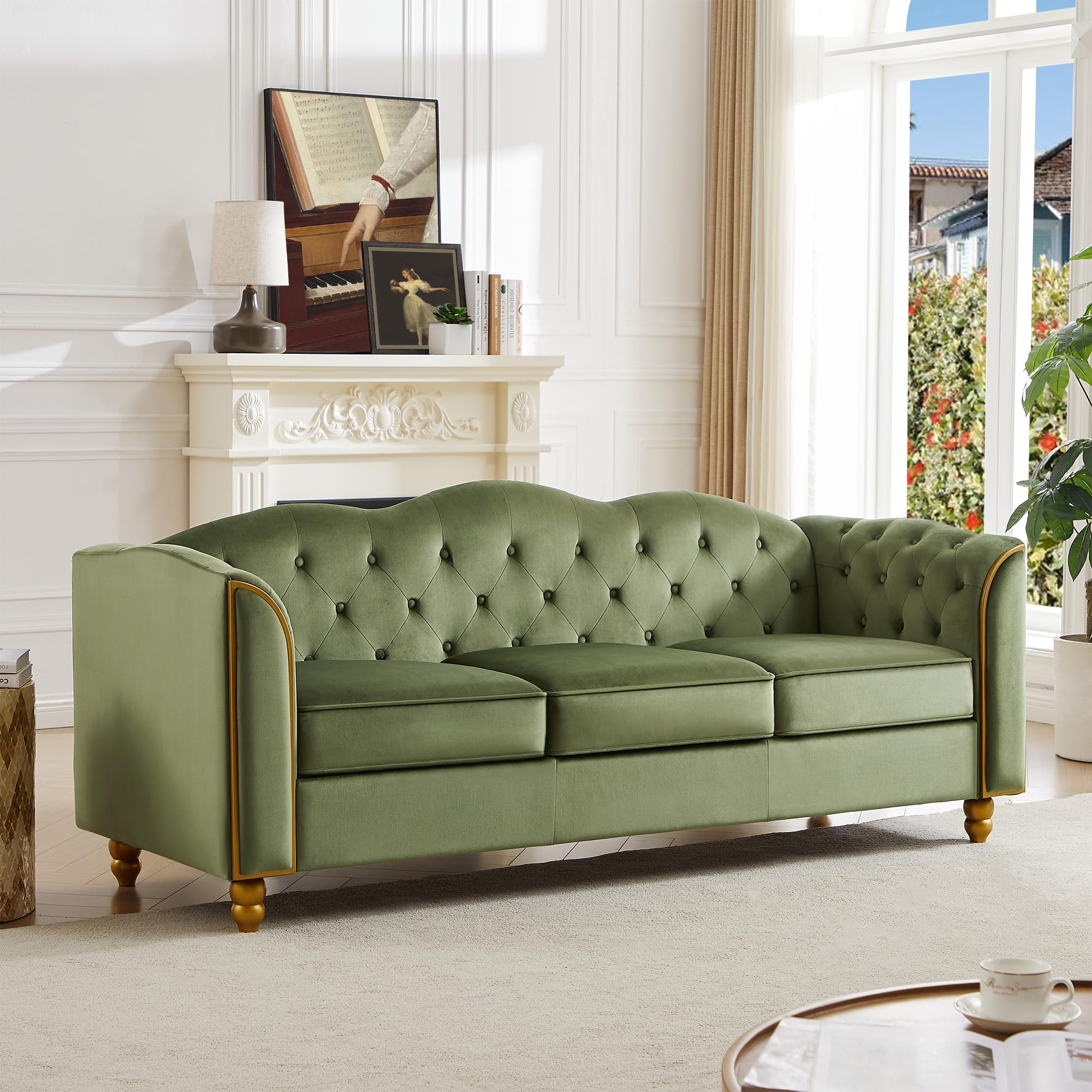 HITHOS 78" Velvet Sofa Couch, Soft 3 Seater Sofa Couche for Living Room, Button Tufted Comfy Couch Modern Sofa with Upholstered Cushion, Gold Trim, Solid Wood Legs for Dorm Bedroom Apartment, Green