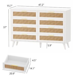 Rovaurx 8 Drawer Double Dresser for Bedroom, Rattan Chest of Dressers, Modern Wooden Dresser Chest with Golden Handles, Beside Table for Closet, Living Room and Entryway, White and Natural