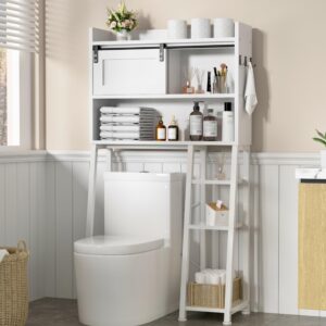 mu over the toilet storage cabinet with sliding door, 32.5" w free standing toilet shelf space saver with 3 side hooks & anti-tip design, space-saving toilet rack for bathroom, laundry, white