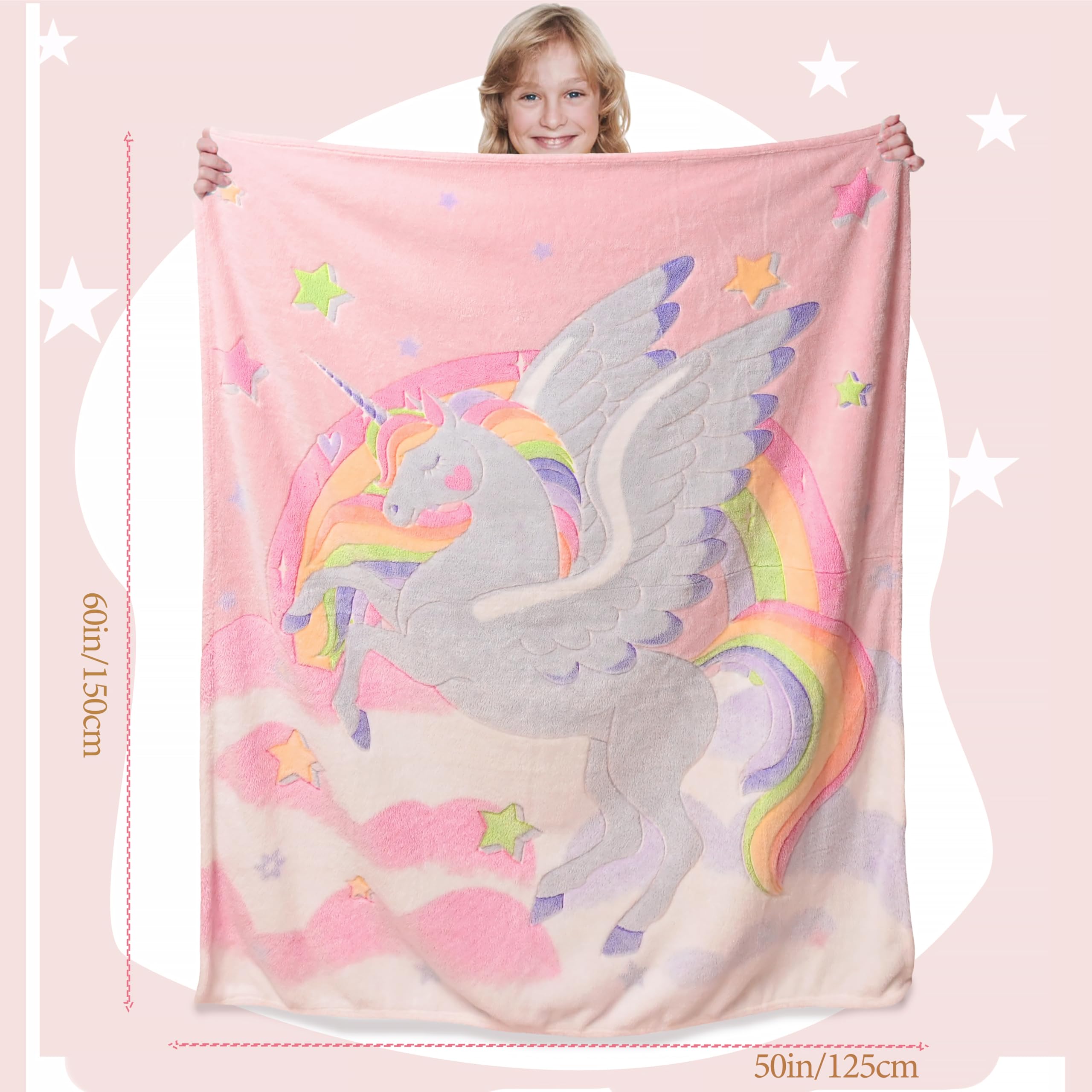 Unicorn Glow in The Dark Blanket for Girls Kids Soft Luminous Pink Unicorn Throw Blanket Birthday Gift for Age 1-15 Year Old Girls Room Decor Gift 50"x60"