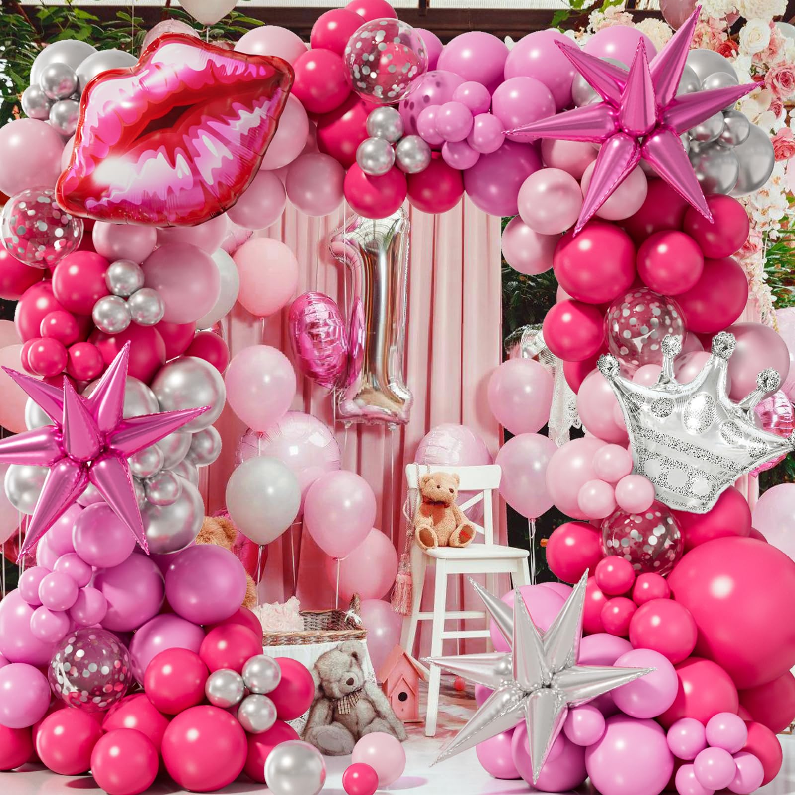 173PCS Princess Pink and Silver Balloon Garland Arch Kit with Explosion Star Silver Crown Balloon for Barbie Theme Birthday Party Decorations Baby Shower girl's Birthday Princess Party Decorations