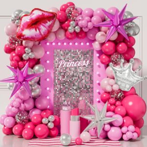 173pcs princess pink and silver balloon garland arch kit with explosion star silver crown balloon for barbie theme birthday party decorations baby shower girl's birthday princess party decorations