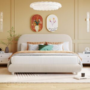 teddy fleece queen size upholstered platform bed with thick fabric, solid frame and stylish curve-shaped design,for kids teens adults bedroom (beige@teddy fleece, queen)