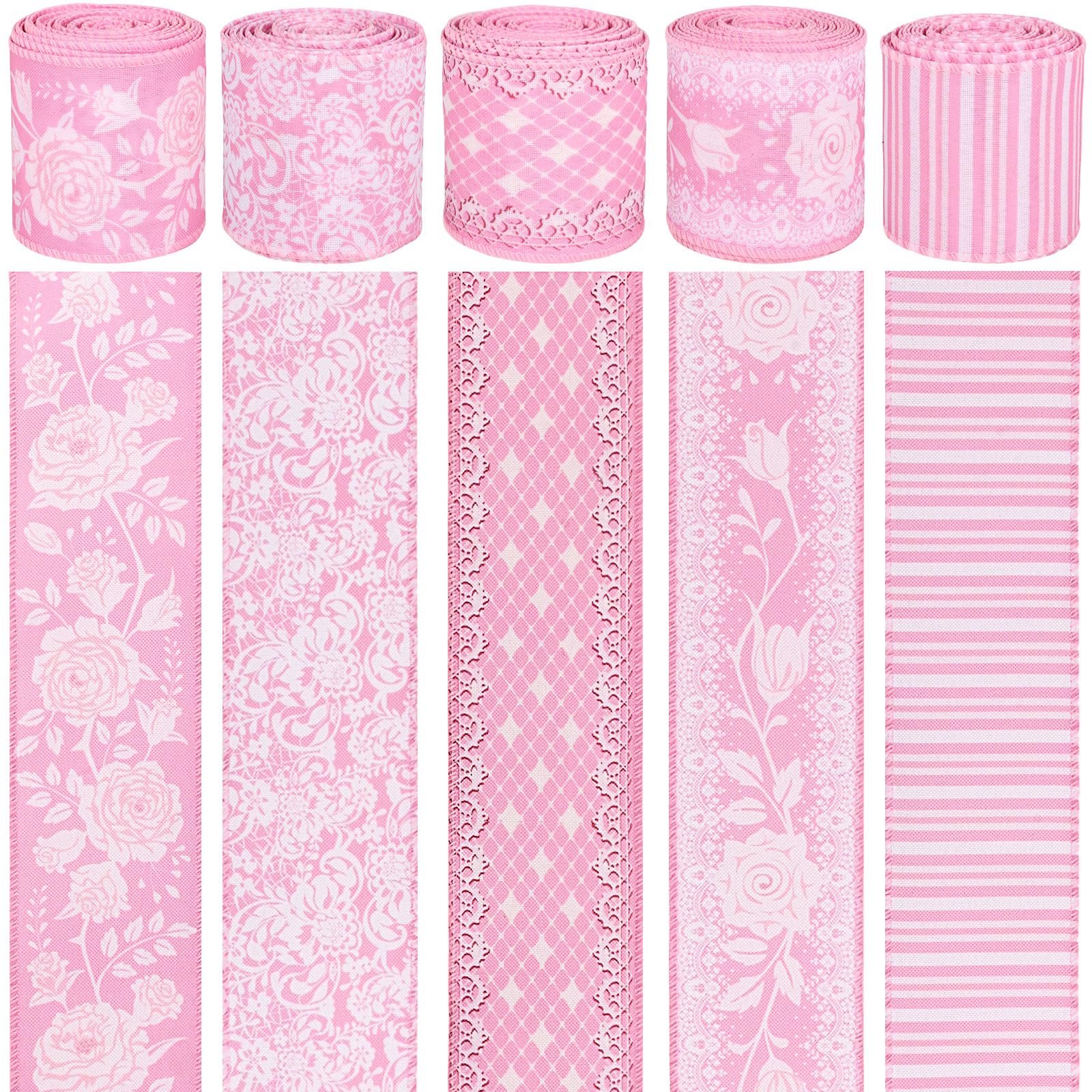 5 Rolls 30 Yards Floral Wired Edge Ribbon 2.5'' Pink Rose Flowers Printed Decorative Ribbon for Gift Wrapping Hair Bow Wreath Making for Wedding Valentine's Day Crafts Supplies