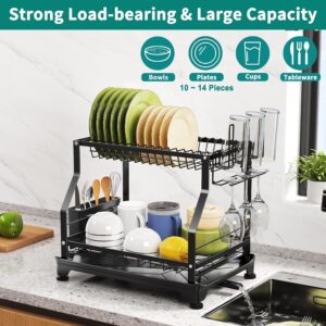 junyuan Dish Rack for Kitchen Counter,2 Tier Dish Drying Rack with 360° Swivel Spout,Large Dish Drainer with Utensil Holder,Adjustable Wine Glasses and Cup Holder,Strong and Sturdy,Black