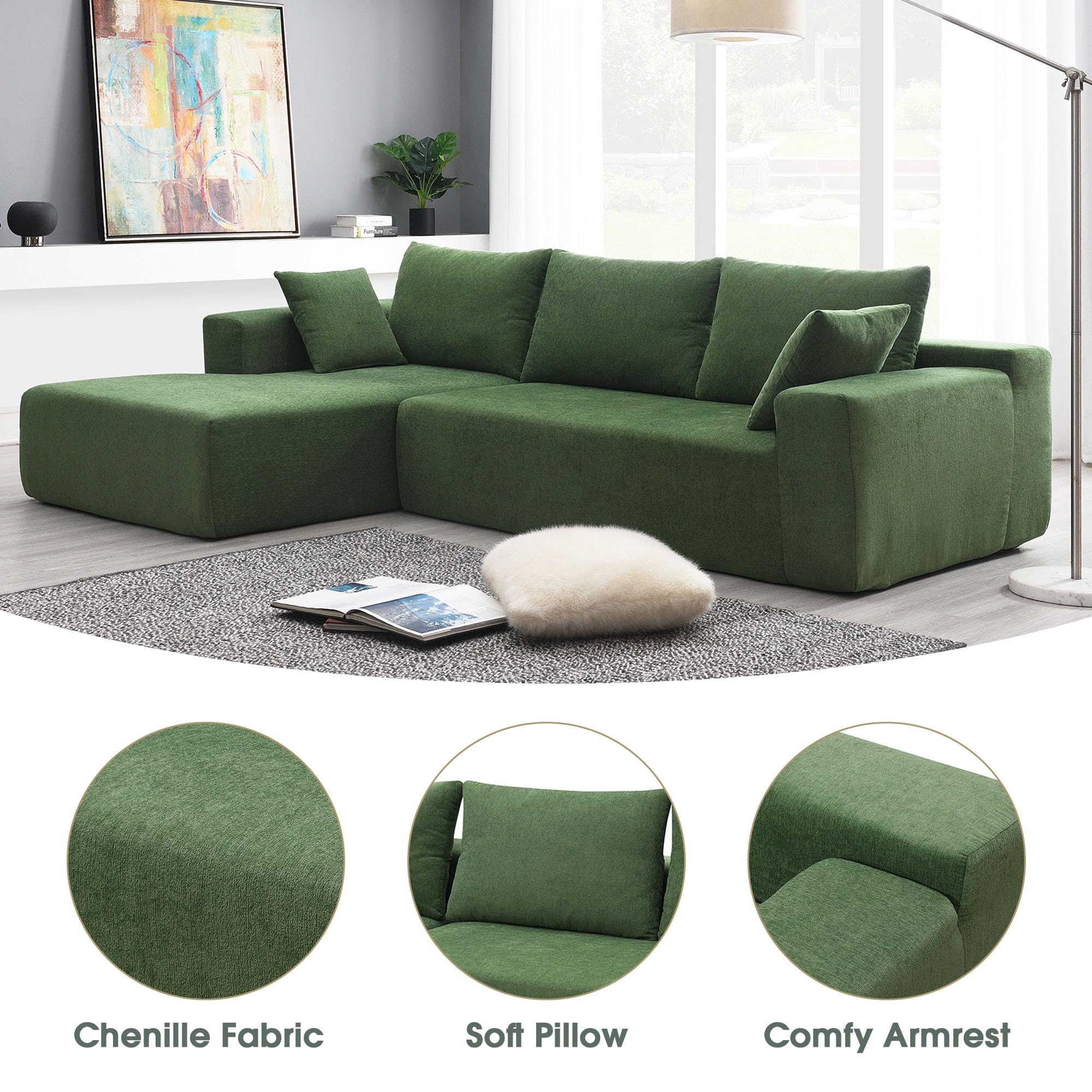 GNIXUU Chenille Modular Sectional Sofa Cloud Couch, Modern Minimalist 2 Pieces Deep Sectional Couches for Living Room, Comfy Upholstered 4-Seater L-Shaped Sofa with Chaise(109" Green)