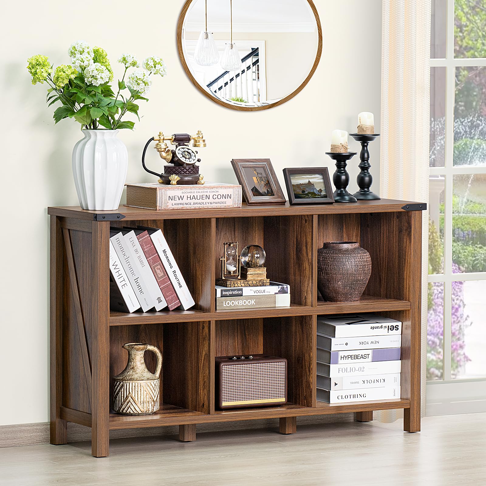 Joaxswe Farmhouse 6 Cube Book Shelf, Wood 3 Tier Storage Organizer Bookshelf, Brown Walnut 47" Horizontal Cubby Bookcase with Legs, Rustic Entryway Book Case, Long Display Cabinet for Bedroom, Office