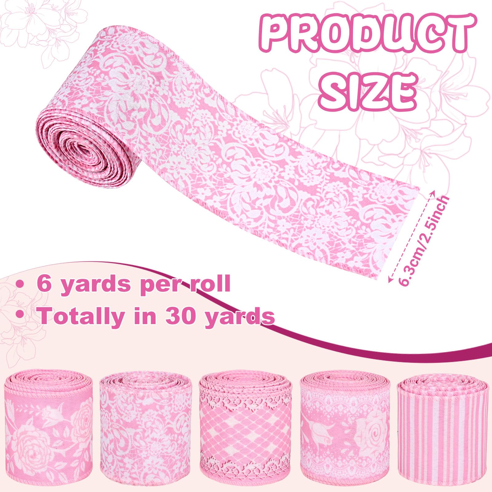 5 Rolls 30 Yards Floral Wired Edge Ribbon 2.5'' Pink Rose Flowers Printed Decorative Ribbon for Gift Wrapping Hair Bow Wreath Making for Wedding Valentine's Day Crafts Supplies