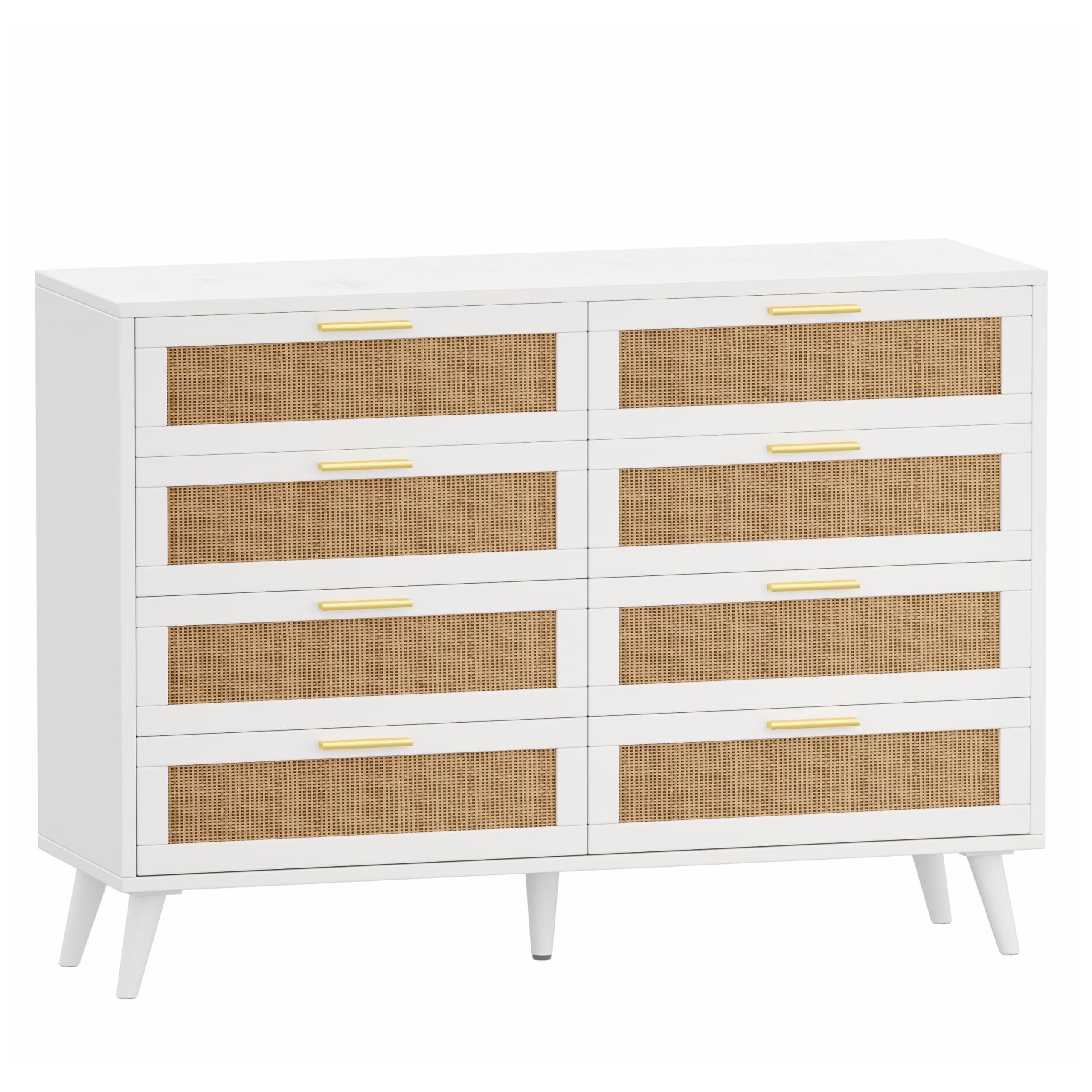 Rovaurx 8 Drawer Double Dresser for Bedroom, Rattan Chest of Dressers, Modern Wooden Dresser Chest with Golden Handles, Beside Table for Closet, Living Room and Entryway, White and Natural