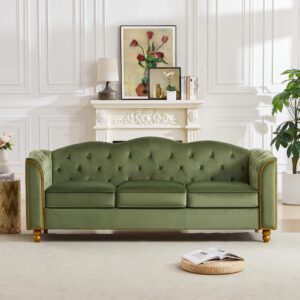 hithos 78" velvet sofa couch, soft 3 seater sofa couche for living room, button tufted comfy couch modern sofa with upholstered cushion, gold trim, solid wood legs for dorm bedroom apartment, green