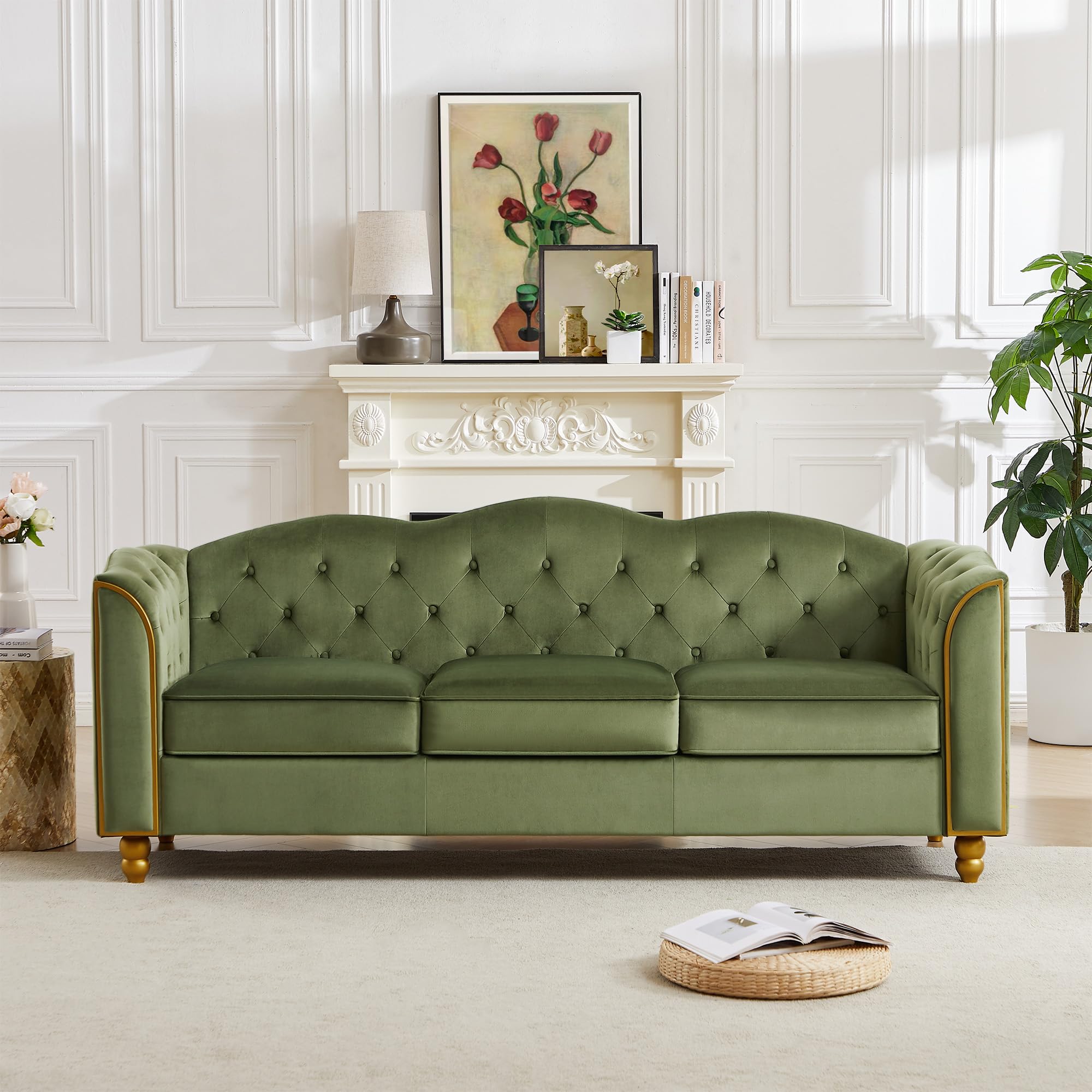 HITHOS 78" Velvet Sofa Couch, Soft 3 Seater Sofa Couche for Living Room, Button Tufted Comfy Couch Modern Sofa with Upholstered Cushion, Gold Trim, Solid Wood Legs for Dorm Bedroom Apartment, Green