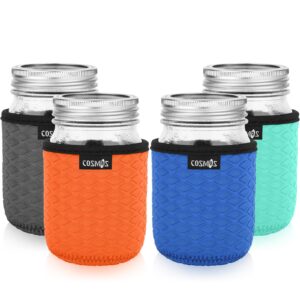 cosmos 4 pcs neoprene mason jar sleeve cover for regular mouth jar, insulated glass jars cover canning sleeves glass container protector holder for home kitchen storage (for 16 oz jar)