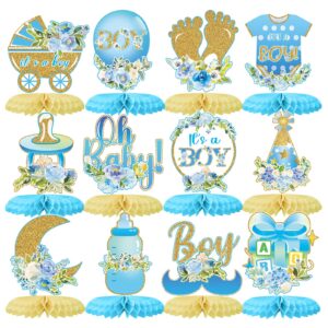 12pcs baby shower honeycomb centerpieces party decor for boys,blue gold floral it's a boys gender reveal 3d table centerpieces decoration for kids baby shower party photo props supplies