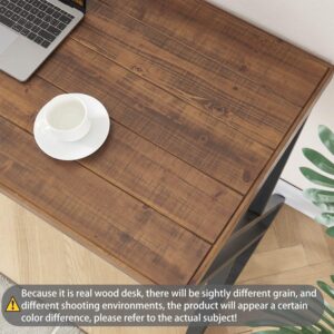 FurniChoi Real Wood Computer Desk, Modern Natural Wood Home Office Desk, Rustic Solid Wood Work Study Writing Desk, Farmhouse Workstation PC Gaming Executive Table for Bedroom, Brown, 47 inch