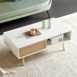 YOUGUO Boho Coffee Table for Living Room, 41.3" Rattan Coffee Table with Sliding Doors & Open Storage Shelf, Mid-Century Center Table for Small Space, White